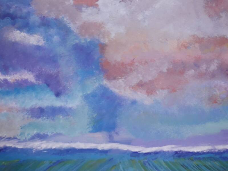 Das Bild zeigt einen farbenfrohen Himmel mit Blau- und Rosatönen, die in einem impressionistischen Stil gemalt sind, über einer grünen Landschaft im Vordergrund.