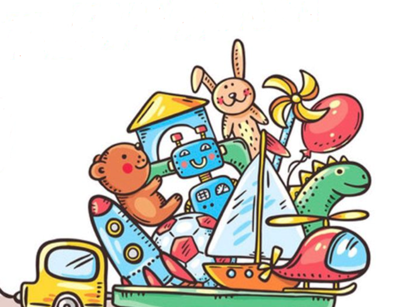 Ein Anhänger beladen mit verschiedenen bunten Spielsachen wie einem Teddybär, einem Dinosaurier, einem Roboter, einem Segelboot und einem Hubschrauber, die von einem kleinen gelben Auto gezogen werden.