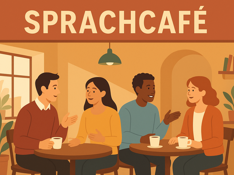 Eine Gruppe von vier Personen sitzt entspannt in einem gemütlichen Raum zusammen und unterhält sich bei Kaffee, mit dem Wort „Sprachcafé“ im Hintergrund.