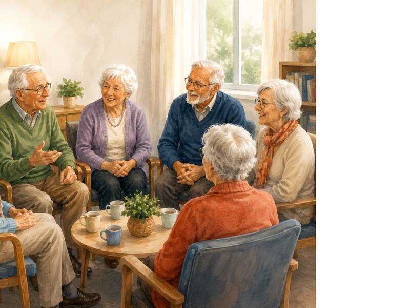 Eine Gruppe älterer Menschen sitzt fröhlich in einem hellen Raum im Kreis um einen Tisch und unterhält sich.