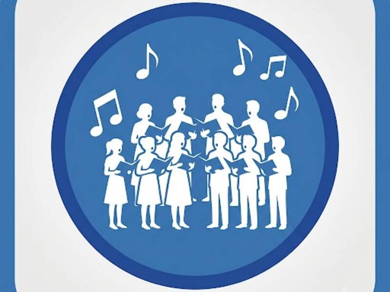 Ein stilisiertes Symbol zeigt eine Gruppe von singenden Menschen, umgeben von Noten.