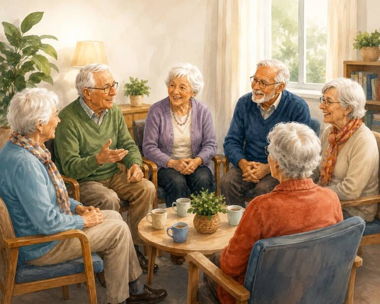 Eine Gruppe älterer Menschen sitzt fröhlich zusammen in einem gemütlichen Wohnzimmer im Gespräch vertieft.